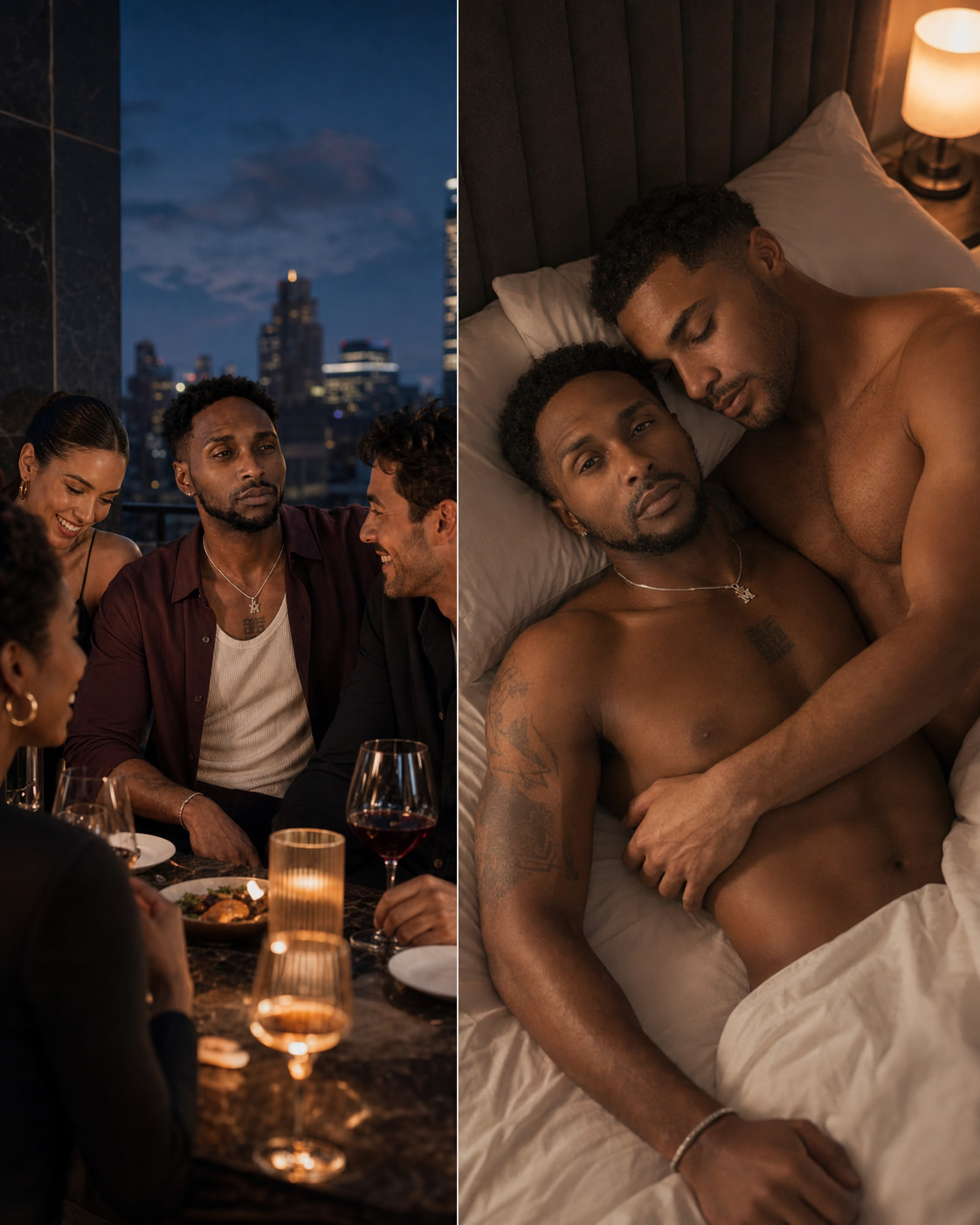The same Black adult at a rooftop dinner with friends and sharing a quiet private moment with another adult