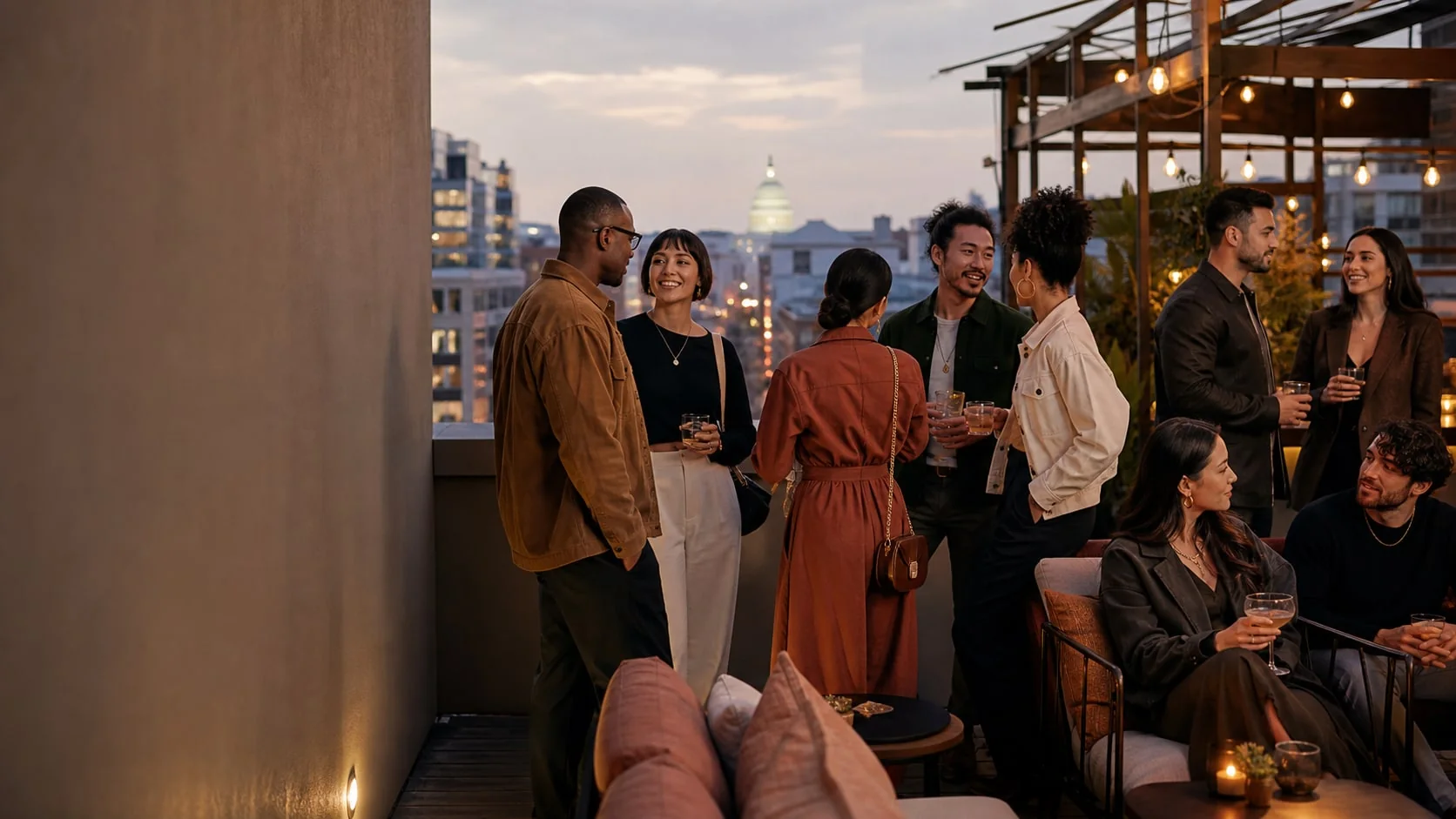 A group of friends mingling and laughing together on a Washington, DC rooftop at dusk, the Capitol dome in the distance