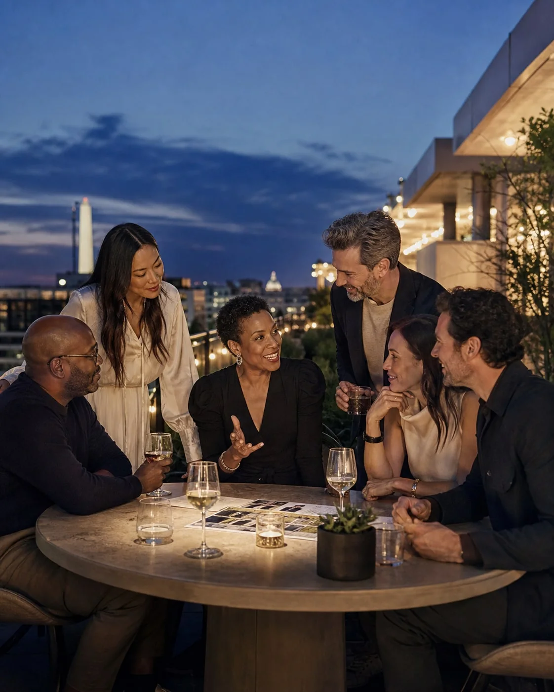 A group of friends laughing together at a table on a rooftop terrace overlooking the Washington Monument at night
