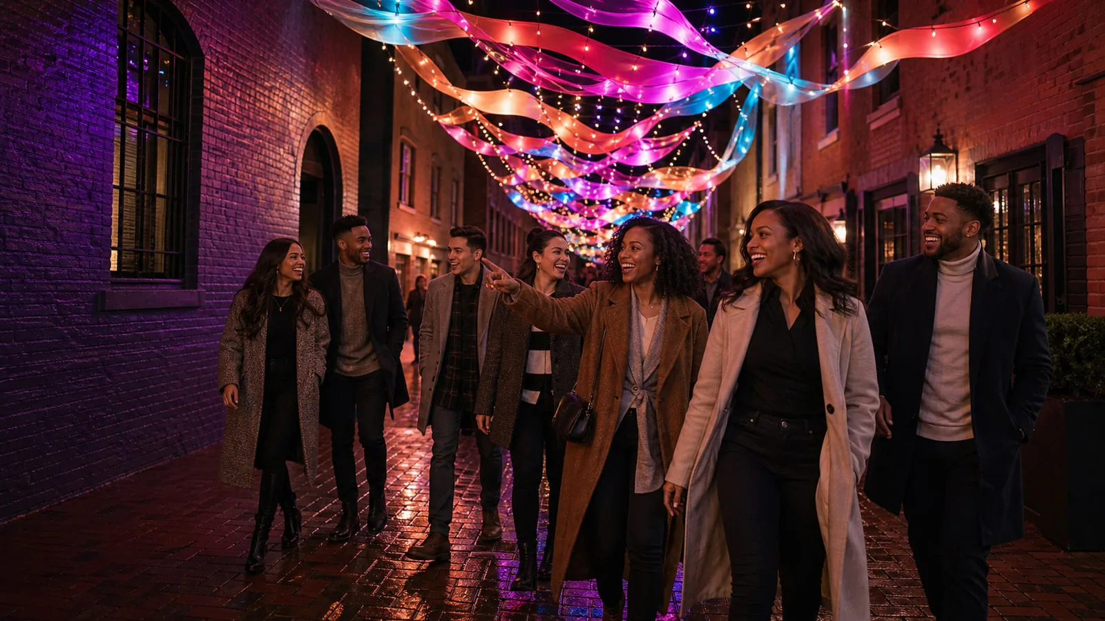 A group of friends laughing and walking together under strings of colorful lights in a DC alley at night